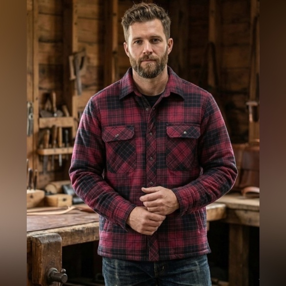 Men’s Quilted Lining Flannel Shacket Red Buffalo Plaid Workwear Style Size Large